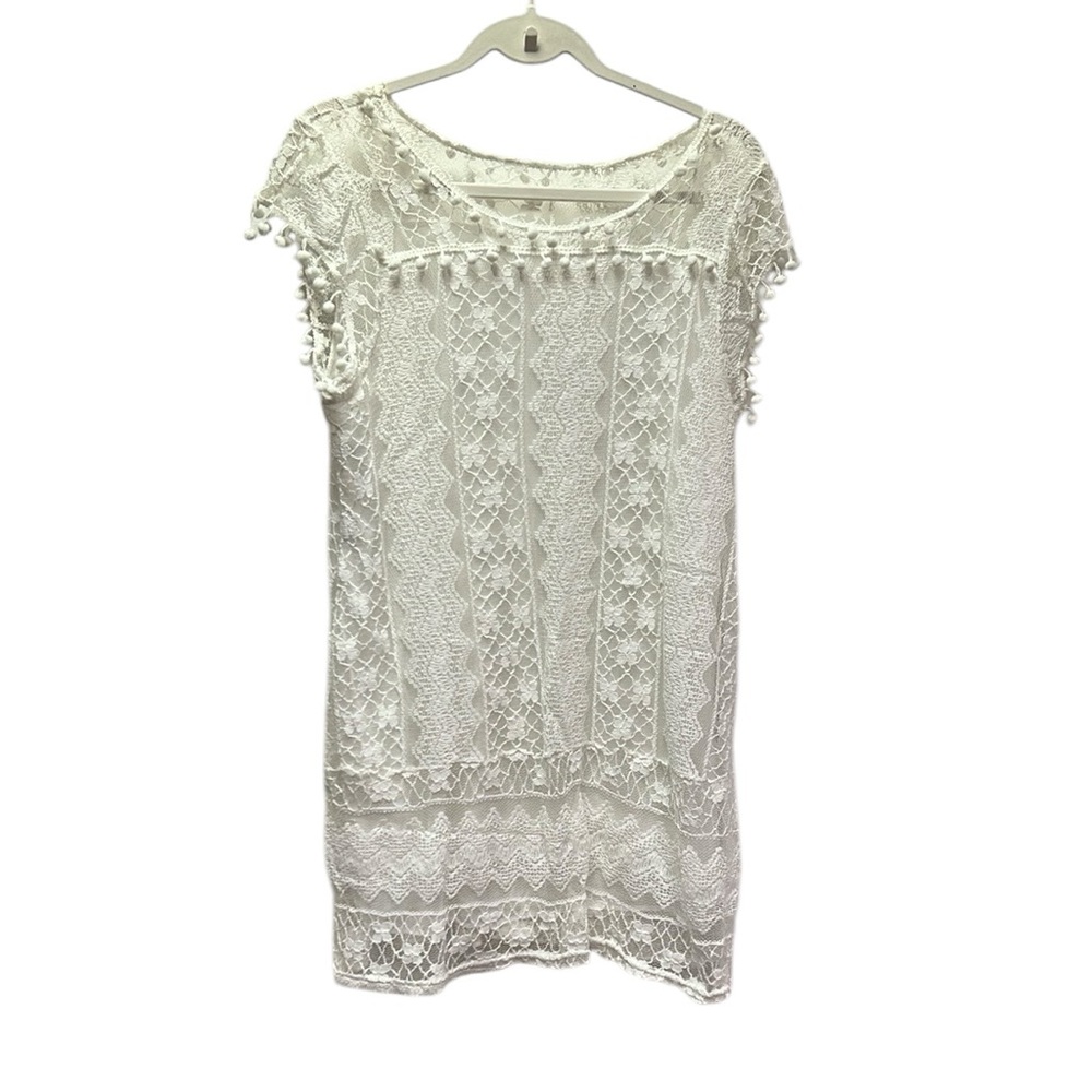 Chic White Lace Dress with Pom Pom Accents